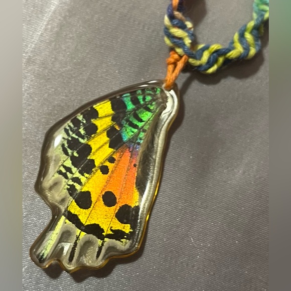 Preserved Butterfly Wing Pendant on Croqueted Rainbow Cord - Picture 4 of 6